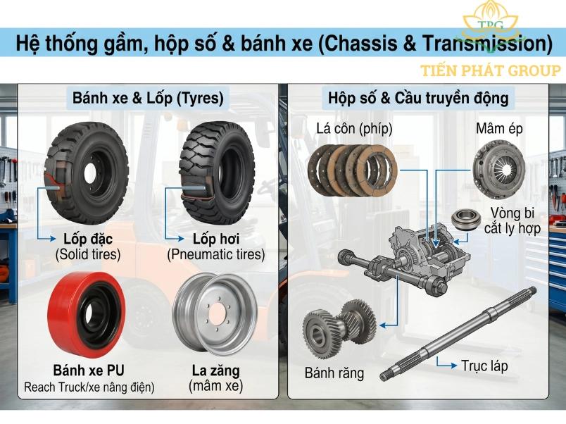 Cac loai phu tung xe nang bao gom he thong gam, hop so va banh xe